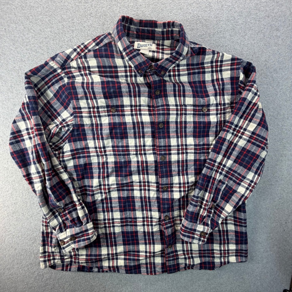 Duluth Trading Co Mens 2XL Relaxed Fit Plaid Flannel Button Down Shirt Navy Red - Picture 1 of 7